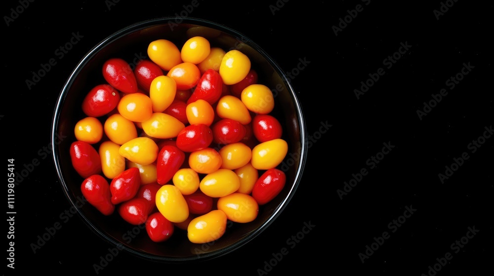 Aerial view of a vibrant assortment of mini sweet peppers in yellow, red, and orange arranged in a black bowl on a dark background, isolated for food photography, culinary, vibrant colors. Aerial view of a vibrant assortment of mini sweet peppers in yellow, red, and orange arranged in a black bowl on a dark background, isolated for food photography, culinary, vibrant colors.