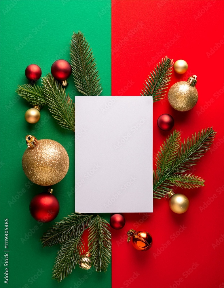 New Year greeting card with pine branches, gift boxes on green and red background New Year greeting card with pine branches, gift boxes on green and red background
