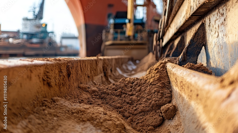 Fototapeta premium Close up view of sand and mud being loaded into a ship's hopper at a busy port illustrating marine cargo operations
