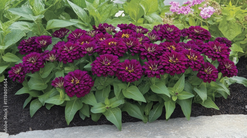 Vibrant Purple Zinnia Flower Bed Symbolizing Friendship Endurance and Lasting Affection in a Lush Garden Setting Vibrant Purple Zinnia Flower Bed Symbolizing Friendship Endurance and Lasting Affection in a Lush Garden Setting