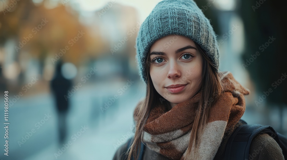 Young woman in cozy winter attire smiles warmly in an outdoor urban setting during autumn, showcasing seasonal fashion and natural beauty. Young woman in cozy winter attire smiles warmly in an outdoor urban setting during autumn, showcasing seasonal fashion and natural beauty.