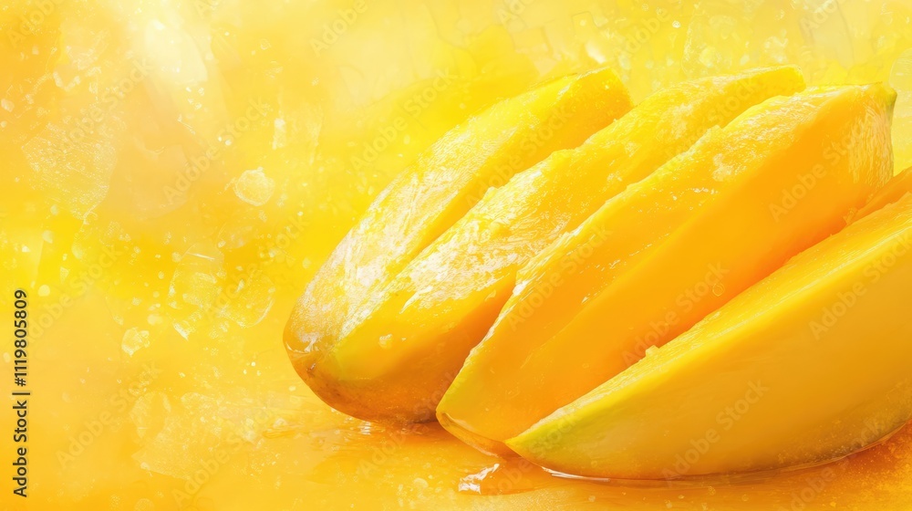 Fresh ripe mango fruit with bright yellow flesh and sliced segments on a vibrant yellow background showcasing its juicy texture and flavor. Fresh ripe mango fruit with bright yellow flesh and sliced segments on a vibrant yellow background showcasing its juicy texture and flavor.