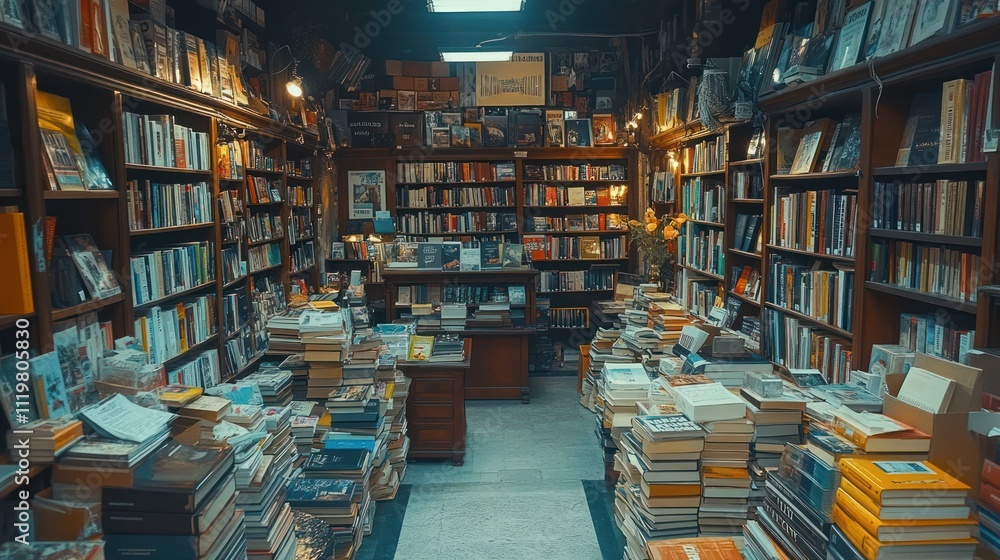 Fototapeta premium A well-stocked bookstore with shelves full of books and stacks of books on the floor.