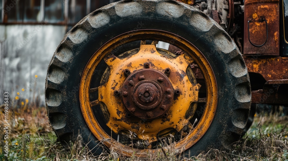 Detailed close-up of a large, weathered rear tractor wheel with rusty yellow accents, set against a backdrop of overgrown grass and an old barn, agriculture, machinery, outdoor textures. Detailed close-up of a large, weathered rear tractor wheel with rusty yellow accents, set against a backdrop of overgrown grass and an old barn, agriculture, machinery, outdoor textures.