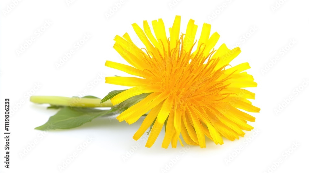 Bright yellow dandelion flower isolated on a clean white background, showcasing detailed petals and green leaves, studio shot, floral, nature, macro photography. Bright yellow dandelion flower isolated on a clean white background, showcasing detailed petals and green leaves, studio shot, floral, nature, macro photography.