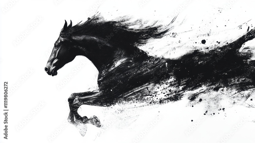 A stunning black horse galloping forward, captured in an artistic blend of ink and splashes, conveying speed and grace. A stunning black horse galloping forward, captured in an artistic blend of ink and splashes, conveying speed and grace.
