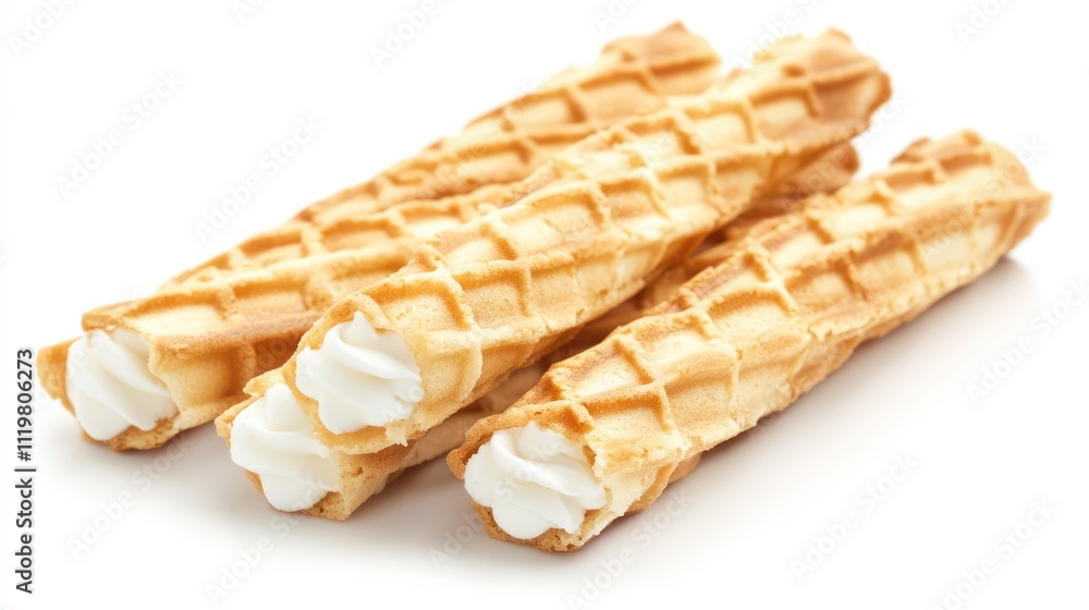 Crispy cream-filled wafer sticks arranged neatly on a clean white background, perfect for dessert or snack concepts, food photography, sweet treats, delectable, indulgence. Crispy cream-filled wafer sticks arranged neatly on a clean white background, perfect for dessert or snack concepts, food photography, sweet treats, delectable, indulgence.