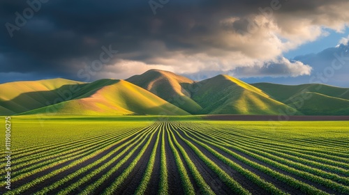 Plowed field with lush green hills under dramatic clouds ready for planting showcasing bio agriculture and cultivation techniques. photo