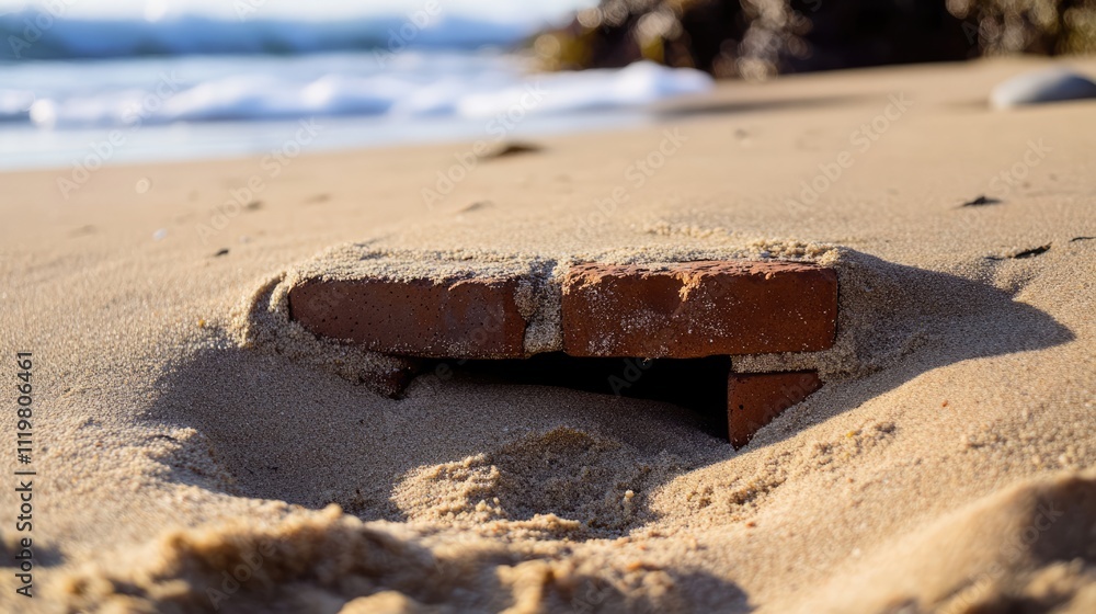 Buried broken brick partially exposed in sand on a beach with gentle waves in the background and a serene coastal atmosphere. Buried broken brick partially exposed in sand on a beach with gentle waves in the background and a serene coastal atmosphere.