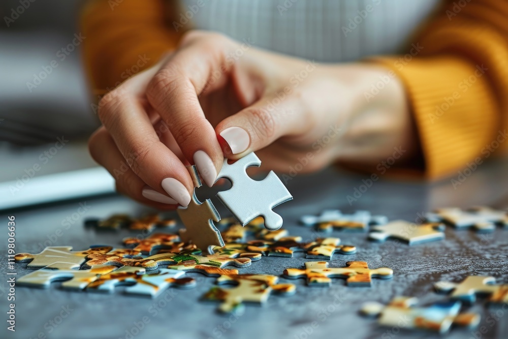 A person placing a single puzzle piece into place, surrounded by other pieces and the puzzle box A person placing a single puzzle piece into place, surrounded by other pieces and the puzzle box