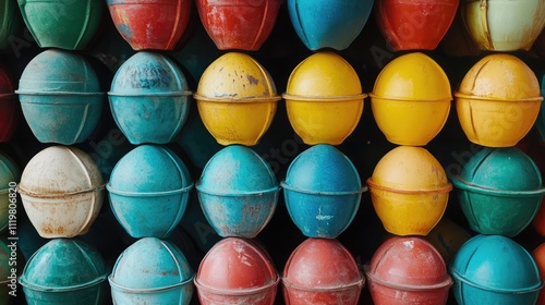 Colorful close-up of stacked recycled egg containers in red, blue, yellow, and green hues, showcasing texture and patterns, eco-friendly materials, sustainability, vibrant colors. photo