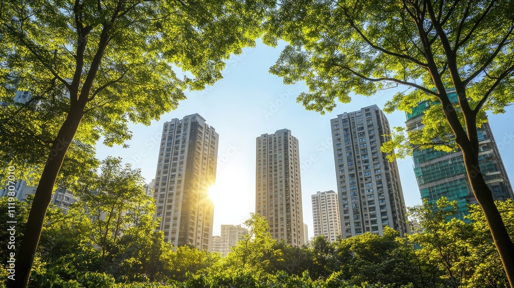 Obraz premium Modern apartment buildings amidst lush greenery in a sustainable urban landscape ideal for families in a vibrant city setting.