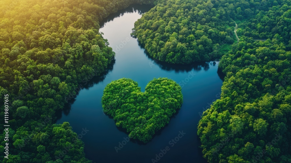 Heart-Shaped Forest Island in River Promoting Carbon Reduction and Sustainable Development for a Greener Planet with Renewable Energy Initiatives Heart-Shaped Forest Island in River Promoting Carbon Reduction and Sustainable Development for a Greener Planet with Renewable Energy Initiatives