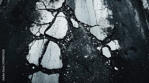 Cracked and Damaged Asphalt Road with Potholes Top View Monochrome Image Highlighting Poor Road Conditions in Need of Urgent Repair photo