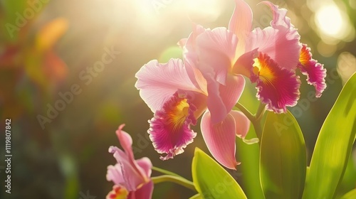 Vibrant close up of a stunning cattleya orchid blooming in a sunlit garden showcasing its intricate petals and rich colors. photo