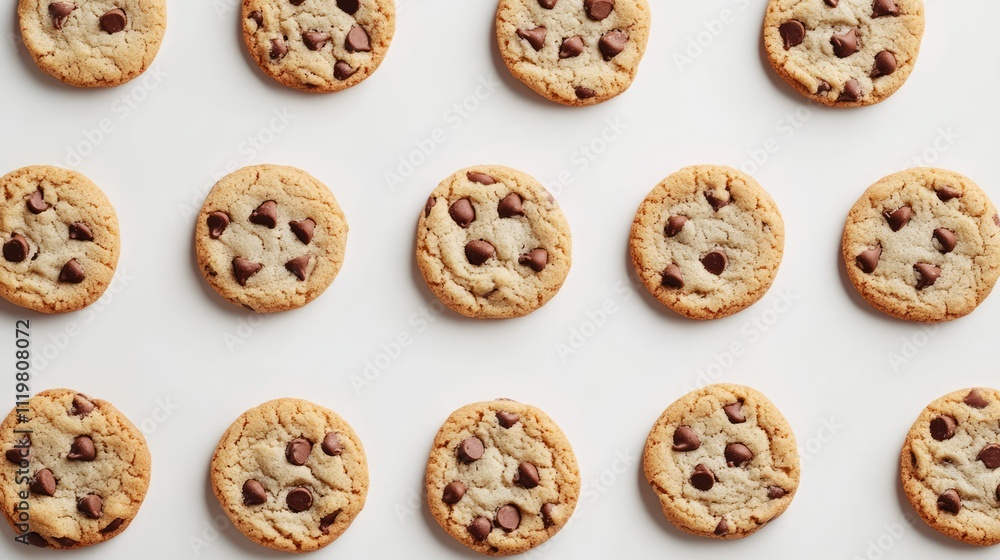 Chocolate chip cookies arranged in a neat pattern on a clean white background showcasing delicious sweet treats for dessert lovers Chocolate chip cookies arranged in a neat pattern on a clean white background showcasing delicious sweet treats for dessert lovers