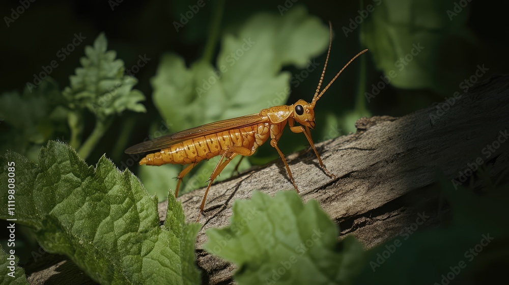 Brown insect on a piece of wood surrounded by lush green foliage in a natural outdoor setting. Brown insect on a piece of wood surrounded by lush green foliage in a natural outdoor setting.