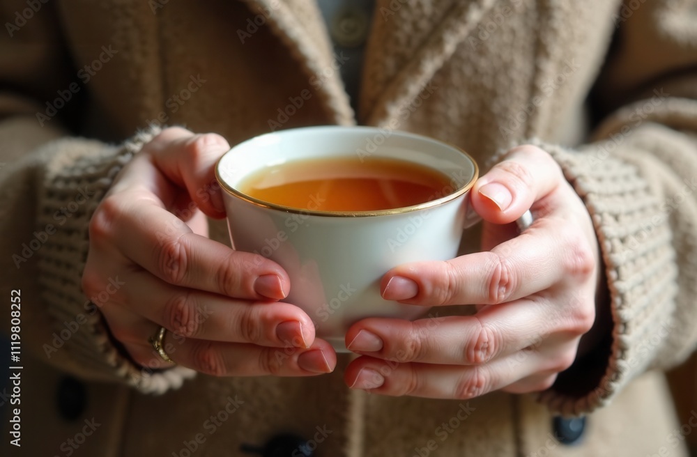 A woman is gently and carefully holding a cup of tea in her hands A woman is gently and carefully holding a cup of tea in her hands