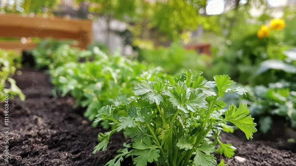 Lush urban garden with fresh parsley sprouting in rich soil and vibrant greenery in the background showcasing nature's bounty and growth Lush urban garden with fresh parsley sprouting in rich soil and vibrant greenery in the background showcasing nature's bounty and growth