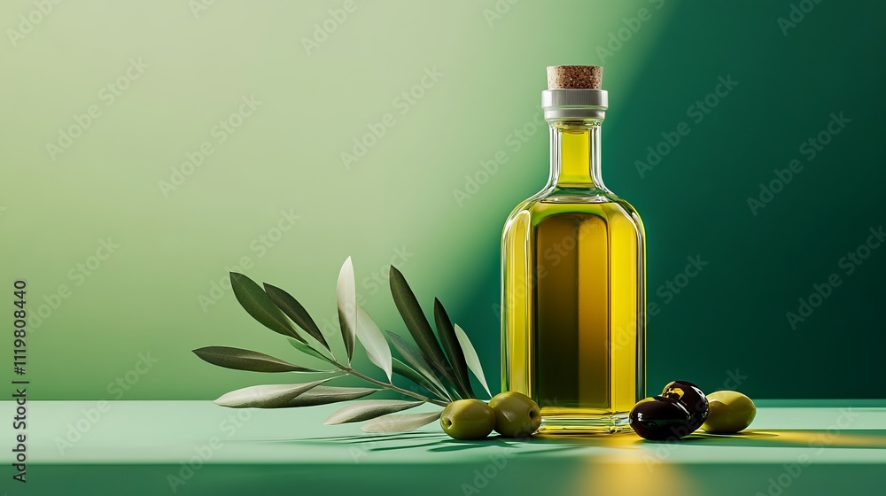 Aromatic Olive Oil in a Glass Bottle, Fresh Green Leaves and Olives - Perfect for a Healthy Kitchen Aromatic Olive Oil in a Glass Bottle, Fresh Green Leaves and Olives - Perfect for a Healthy Kitchen