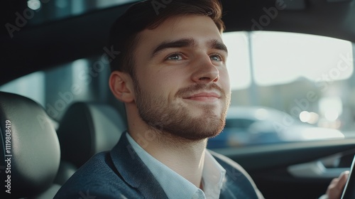 Satisfied young male customer enjoying a test drive in a new car at a dealership showcasing the excitement of purchasing a vehicle photo