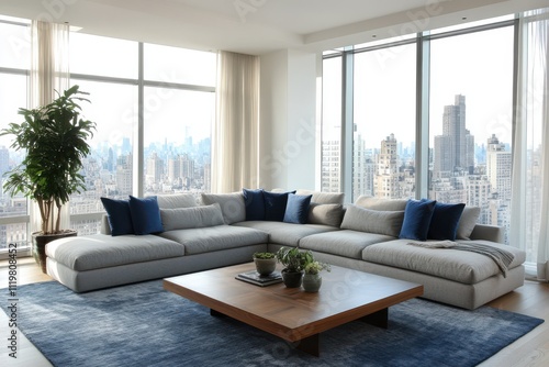 Modern luxury apartment floor to ceiling windows panoramic city view