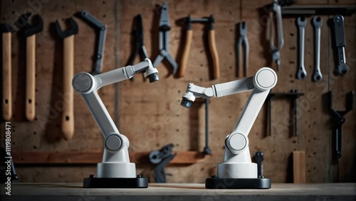 A visual contrast of traditional assembly tools left idle in the background while sleek robotic arms take center stage symbolizing the shift towards automation. photo