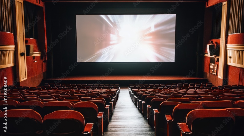 A view of an empty cinema with a large screen displaying bright light effects. A view of an empty cinema with a large screen displaying bright light effects.
