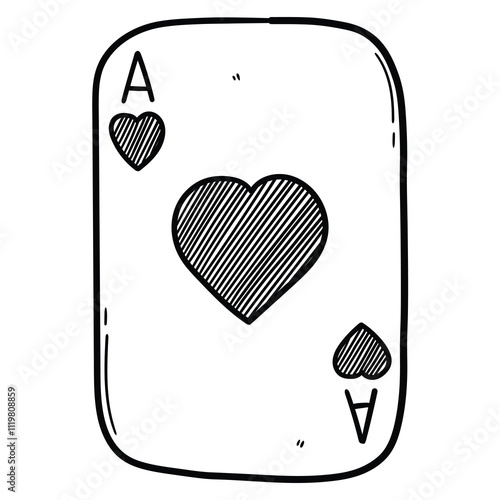 Hand drawn doodle playing card ace of hearts on white background.