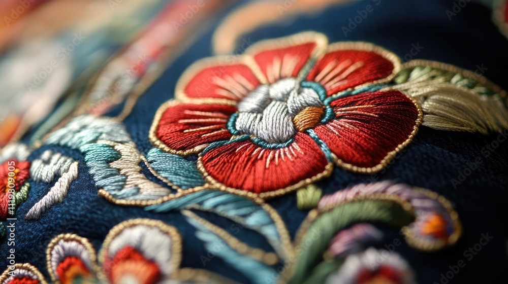 Vibrant close-up of intricate cloth embroidery showcasing detailed floral motifs and rich textures on a dark background Vibrant close-up of intricate cloth embroidery showcasing detailed floral motifs and rich textures on a dark background