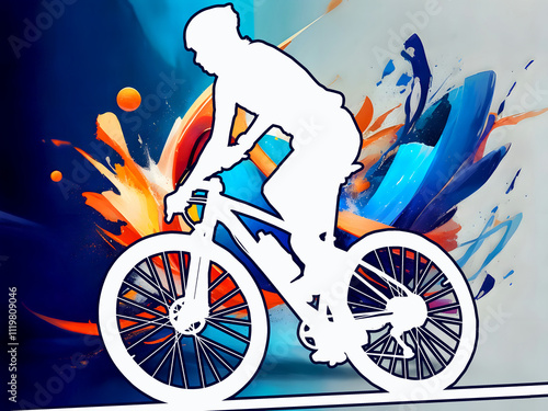 Sport Silhouette on Colorful Splash Background - Male mountain bike racer photo