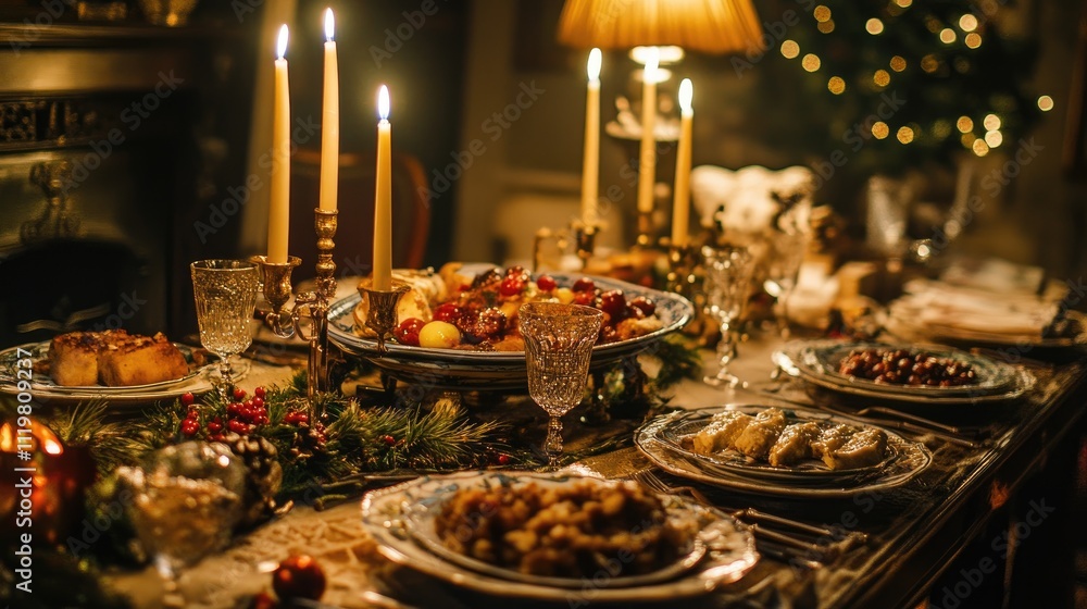 Festive Christmas dinner table setting with candles, food, and decorations. Festive Christmas dinner table setting with candles, food, and decorations.
