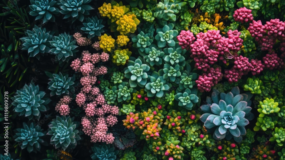 Vibrant clusters of Hylotelephium spectabile and other succulents showcasing colorful flower buds and lush foliage in nature's garden setting Vibrant clusters of Hylotelephium spectabile and other succulents showcasing colorful flower buds and lush foliage in nature's garden setting