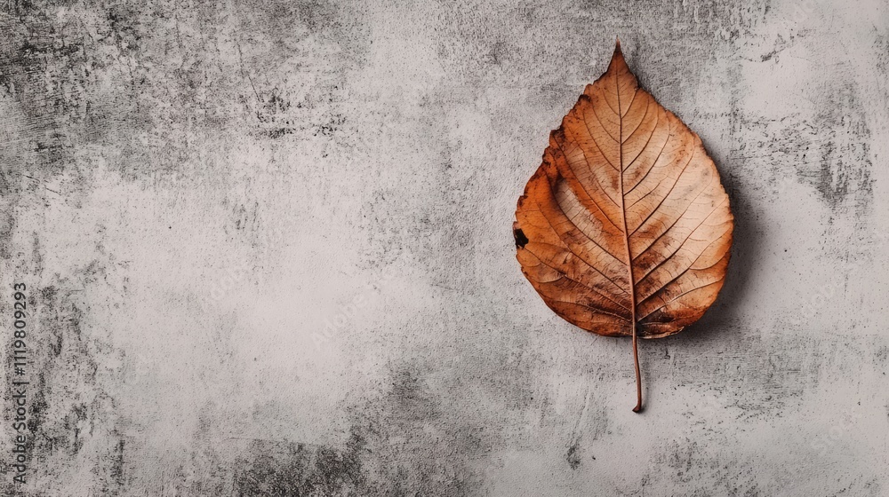 Dried brown leaf resting on textured gray concrete surface creating a natural and urban contrast in a minimalist composition Dried brown leaf resting on textured gray concrete surface creating a natural and urban contrast in a minimalist composition