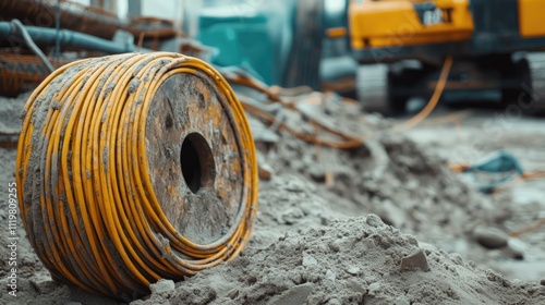 Electric power supply cable on wooden spool with yellow excavator and sand pile at construction site in background photo