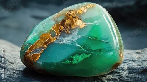 Chrysoprase gemstone showcasing vibrant green hues with golden inclusions highlighting its unique beauty and character on a rugged background photo