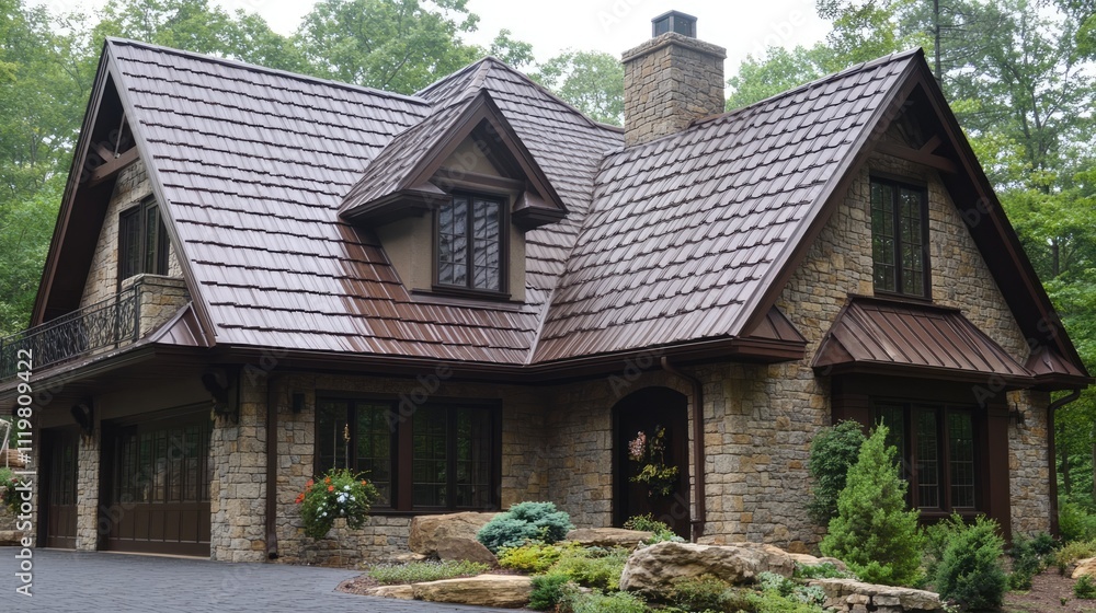 Elegant home with brown metal roof tiles showcasing roofing construction and architectural design in a serene outdoor setting. Elegant home with brown metal roof tiles showcasing roofing construction and architectural design in a serene outdoor setting.