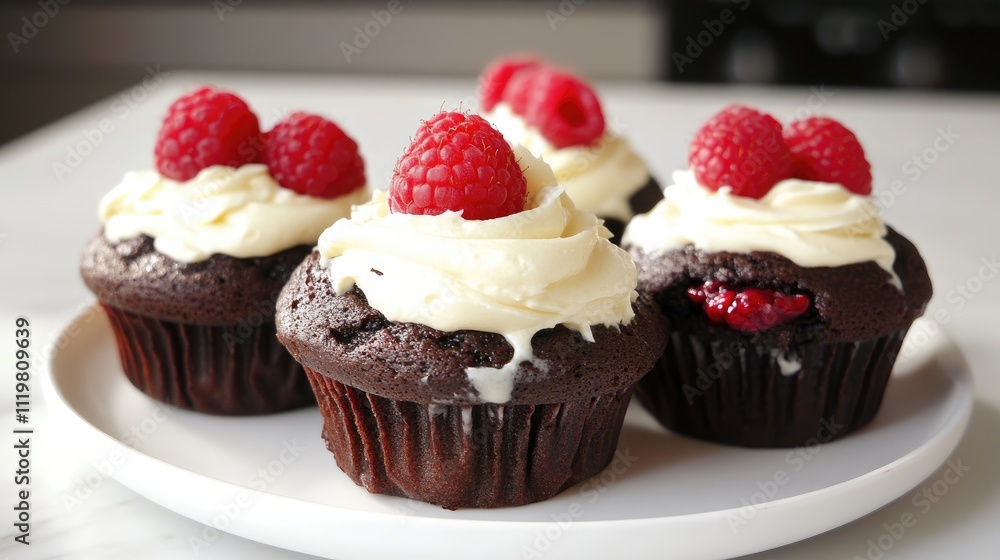 Decadent chocolate muffins topped with fresh raspberries and creamy frosting served on a white plate perfect for dessert lovers Decadent chocolate muffins topped with fresh raspberries and creamy frosting served on a white plate perfect for dessert lovers
