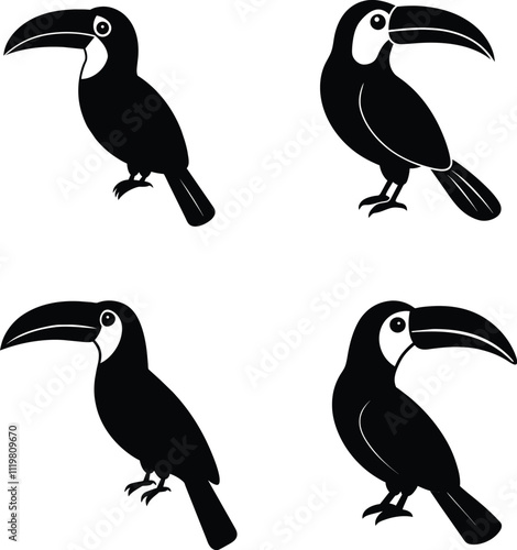 Black Silhouette Of Keel Billed Toucan Bird Vector.