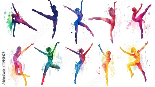 Dynamic silhouettes of female dancers in vibrant watercolors, showcasing the beauty and grace of movement.