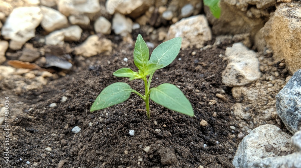 Chili seedling emerging from soil in a garden showcasing growth and plant care in natural gardening environment Chili seedling emerging from soil in a garden showcasing growth and plant care in natural gardening environment