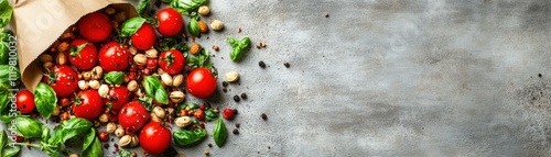 Harvesting fresh tomatoes with herbs kitchen table food photography natural environment close-up culinary delight