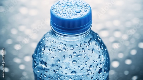 Closeup of a clear water bottle with droplets highlighting freshness and hydration on a cool background photo