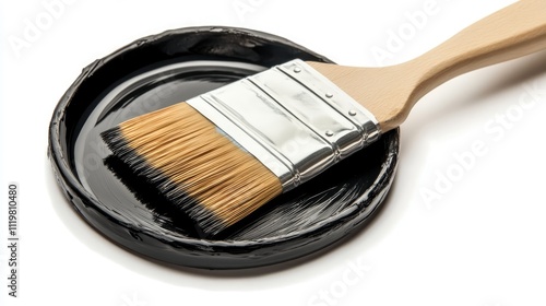 Brush and paint on a white background showcasing a paintbrush resting in a black paint container ready for use in artistic projects photo