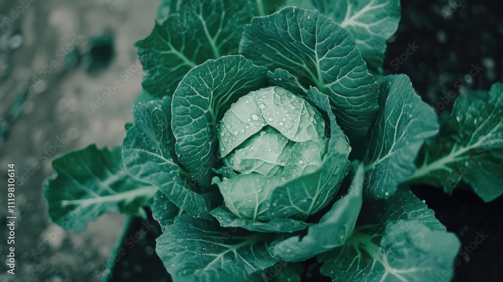 Obraz premium Lush green cabbage plants nestled in a garden bed showcasing vibrant leaves and water droplets for agricultural and gardening themes.