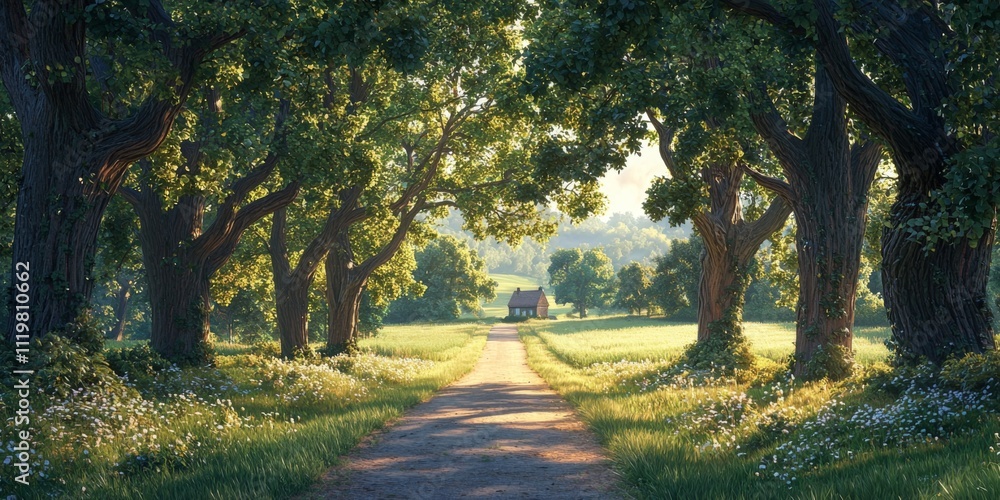 Naklejka premium Serene Country Lane Cottage Oak Trees Sunlit Path Lush Fields