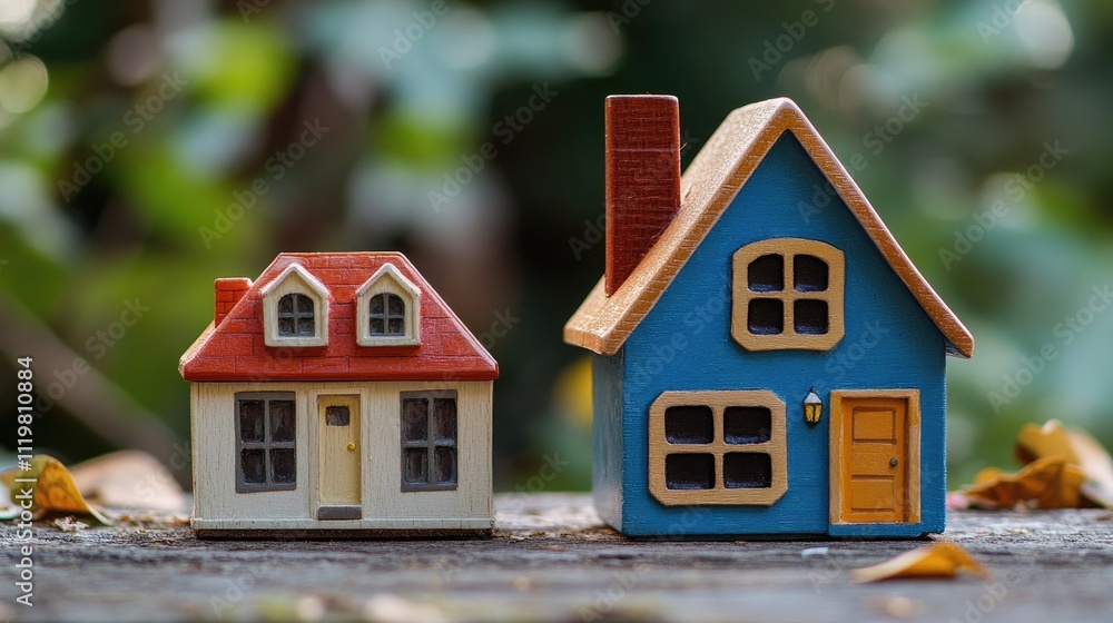 Comparing house asset values with toy houses and money on a wooden surface showcasing real estate investment concepts. Comparing house asset values with toy houses and money on a wooden surface showcasing real estate investment concepts.