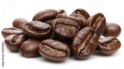 Rich, roasted coffee beans arranged on a clean white background, emphasizing texture and color, perfect for culinary themes, coffee culture, food photography, organic products.