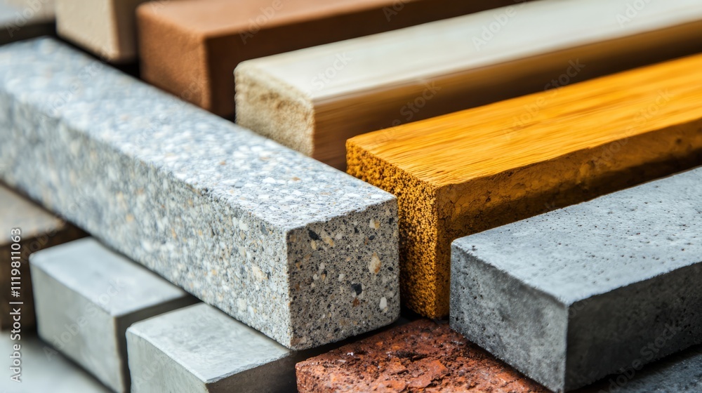 Diverse building materials collection including bricks concrete and wood showcasing texture and color variations for construction purpose Diverse building materials collection including bricks concrete and wood showcasing texture and color variations for construction purpose