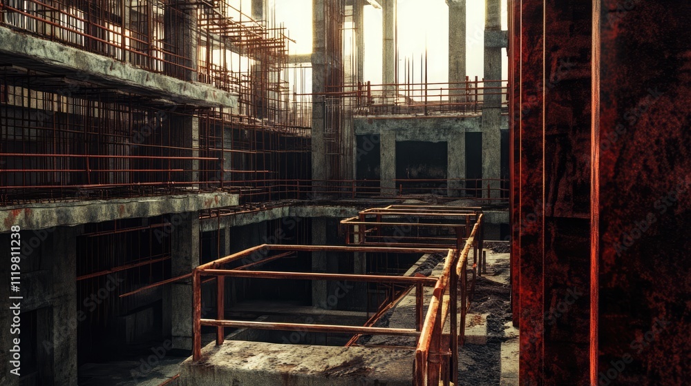 Construction site featuring steel reinforcement and formwork under natural lighting showcasing the structural progress of a building project. Construction site featuring steel reinforcement and formwork under natural lighting showcasing the structural progress of a building project.